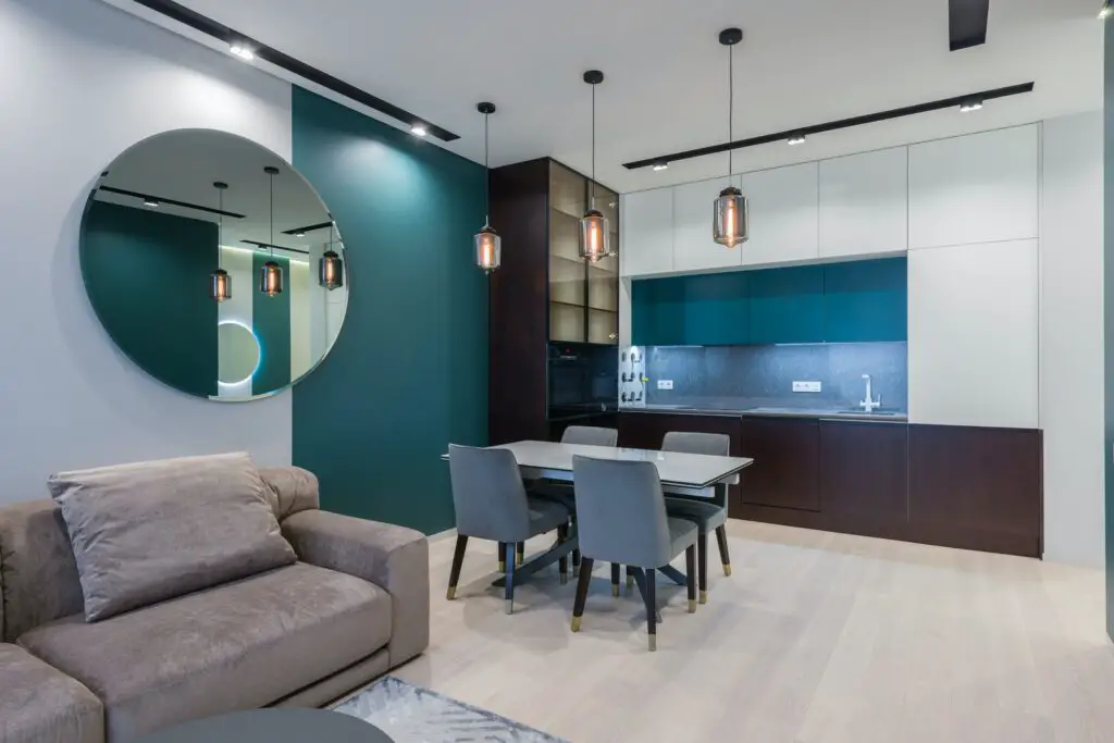 Dining area with light color toned cabinets