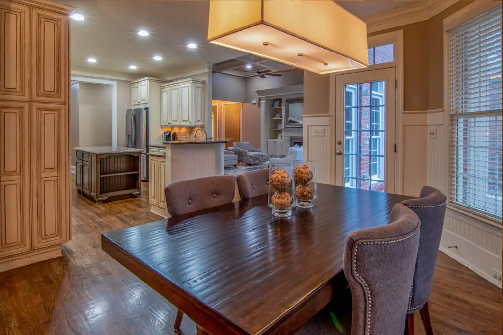 kitchen and dining room with wooden cabinets