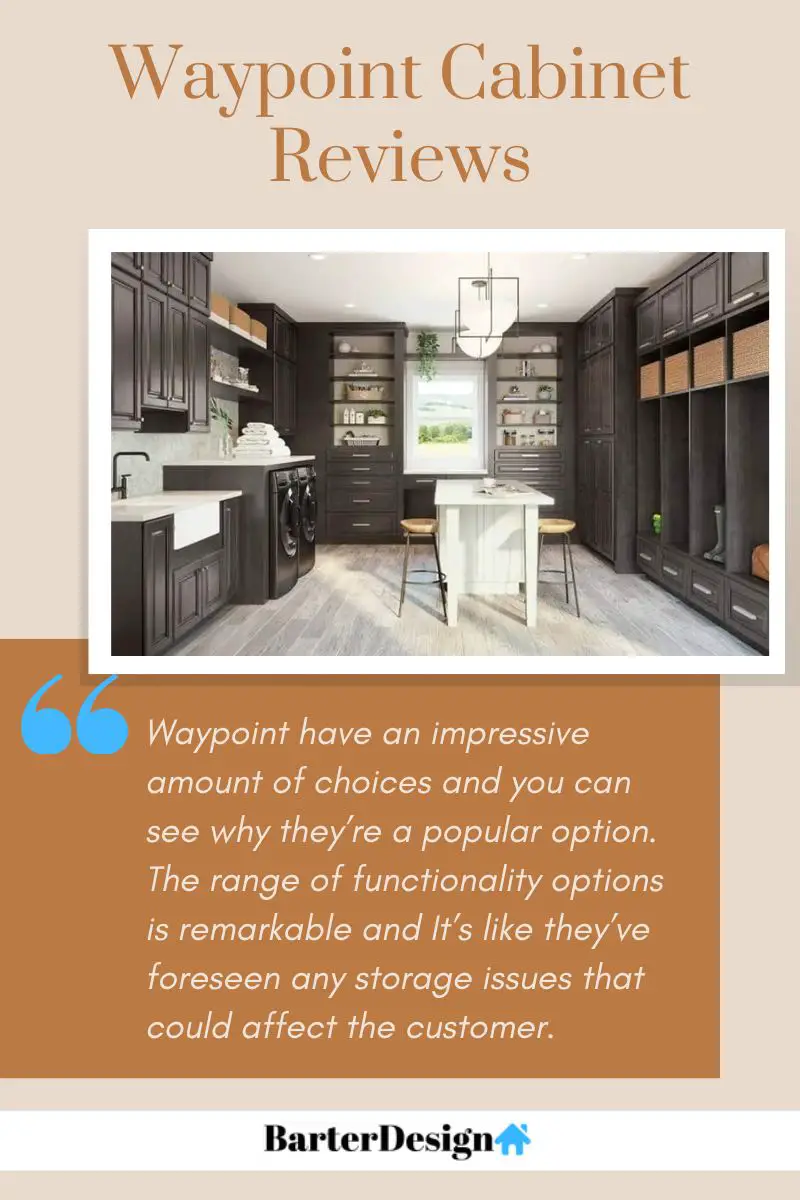 Waypoint Cabinet summary review with a featured image of a brown kitchen cabinets and a white wooden table with brown chairs placed in the middle.