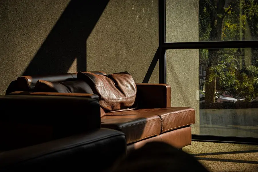 Brown Man Wah leather sofa near window