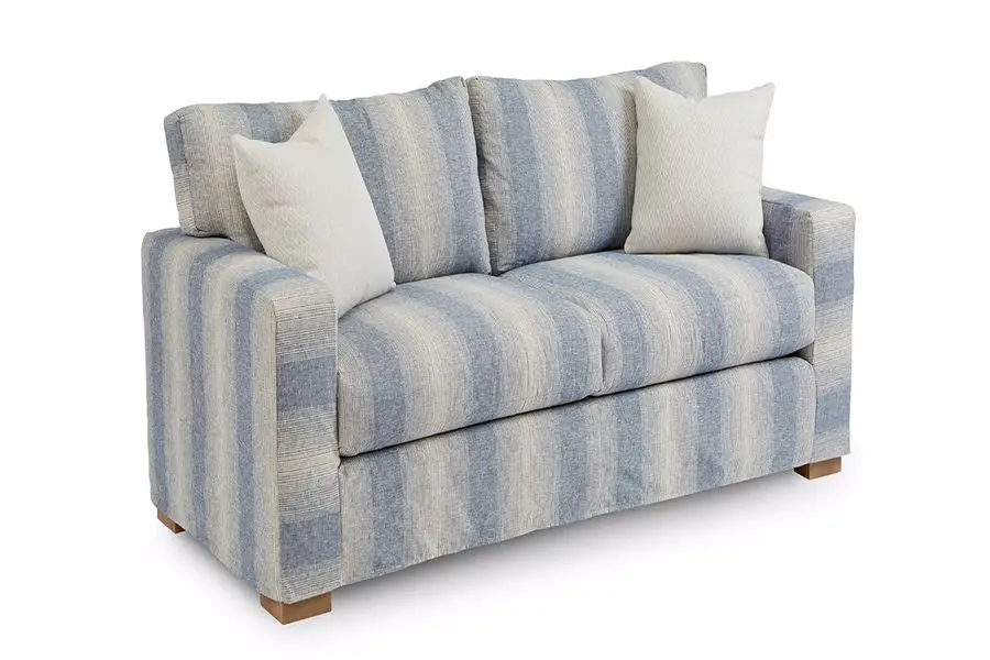 Four Seasons blue striped sofa with throw pillows