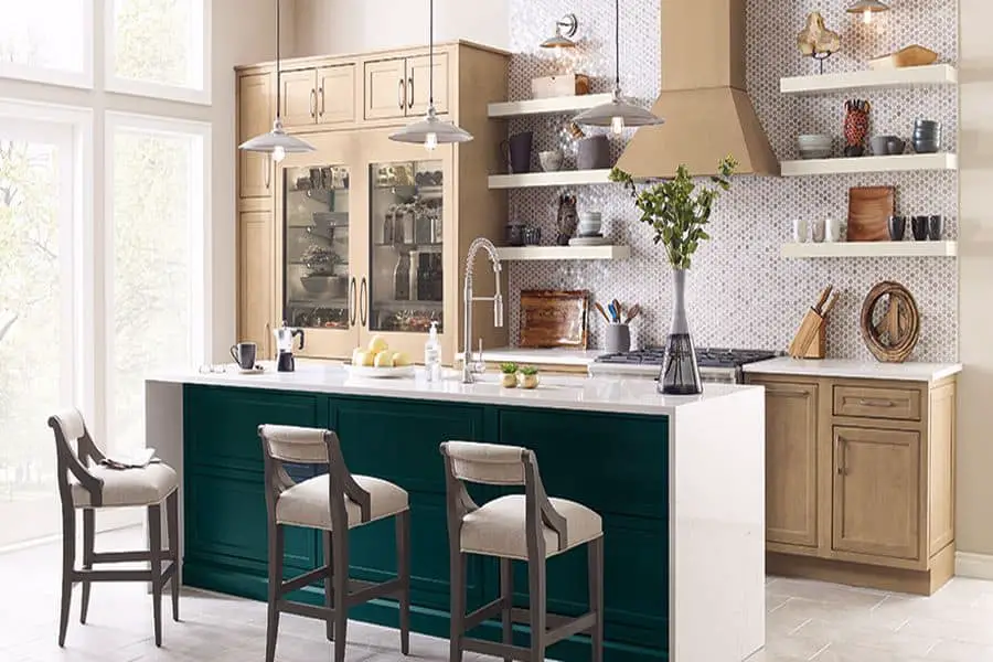 Modern kitchen with wooden cabinets and white island table