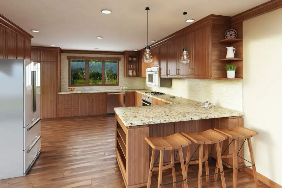 Wooden kitchen counter tops and flooring