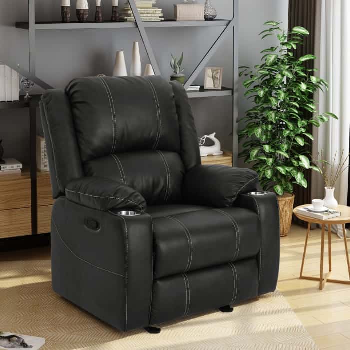 Pier 1 black leather recliner with cup holder