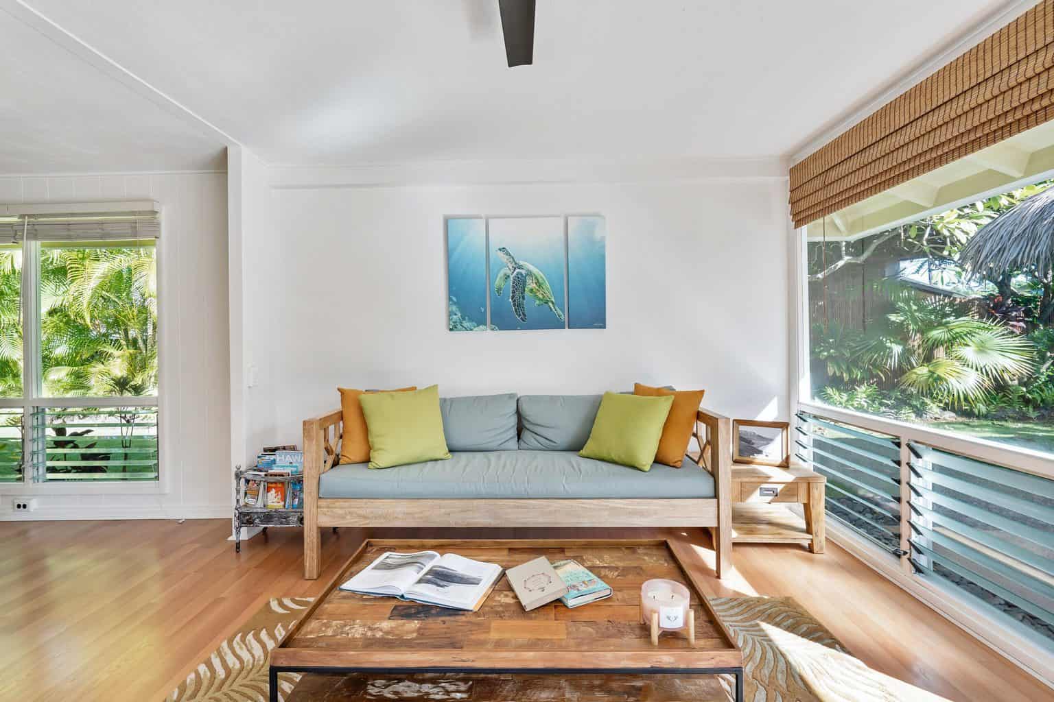 Living room with wooden furniture and an outdoor view