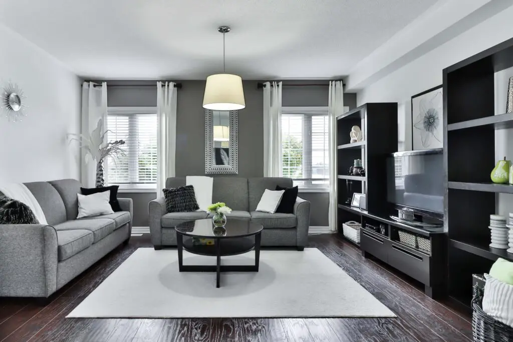 A black and white toned living room