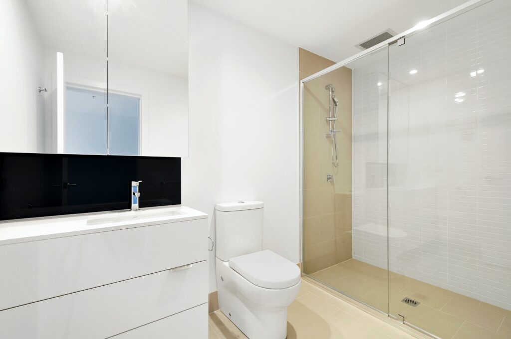 Bathroom with shower and bathroom vanity