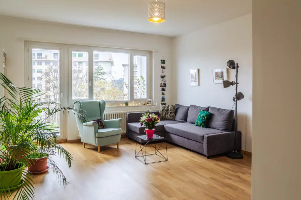 A living room with a chair and a sofa near the window