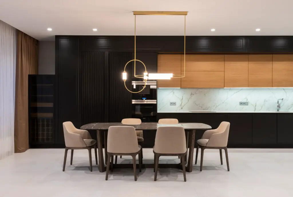 Dining area with ceiling lights