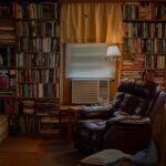 A brown recliner sofa in a home library