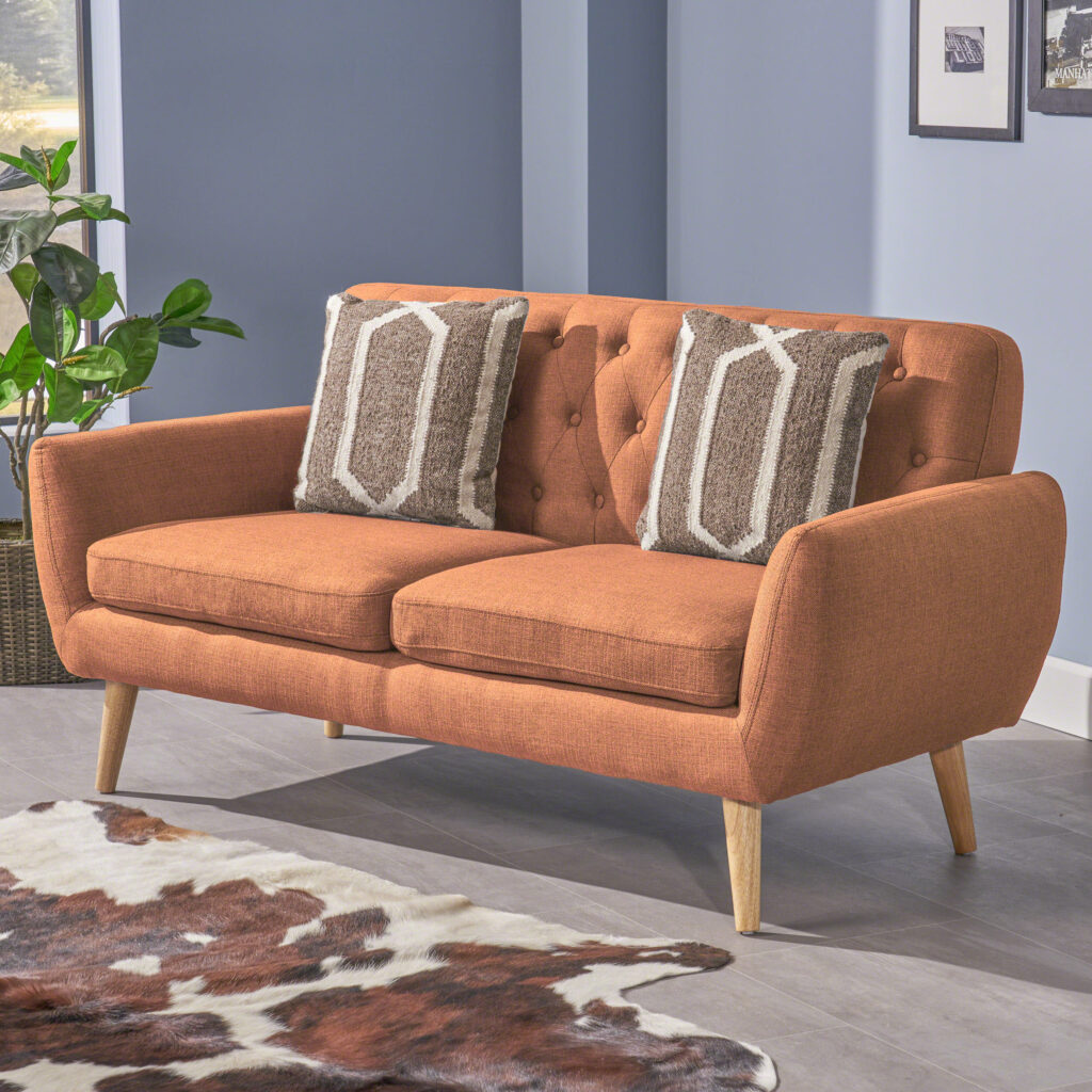 Pier 1 Orange Mid Century Modern Tufted Sofa