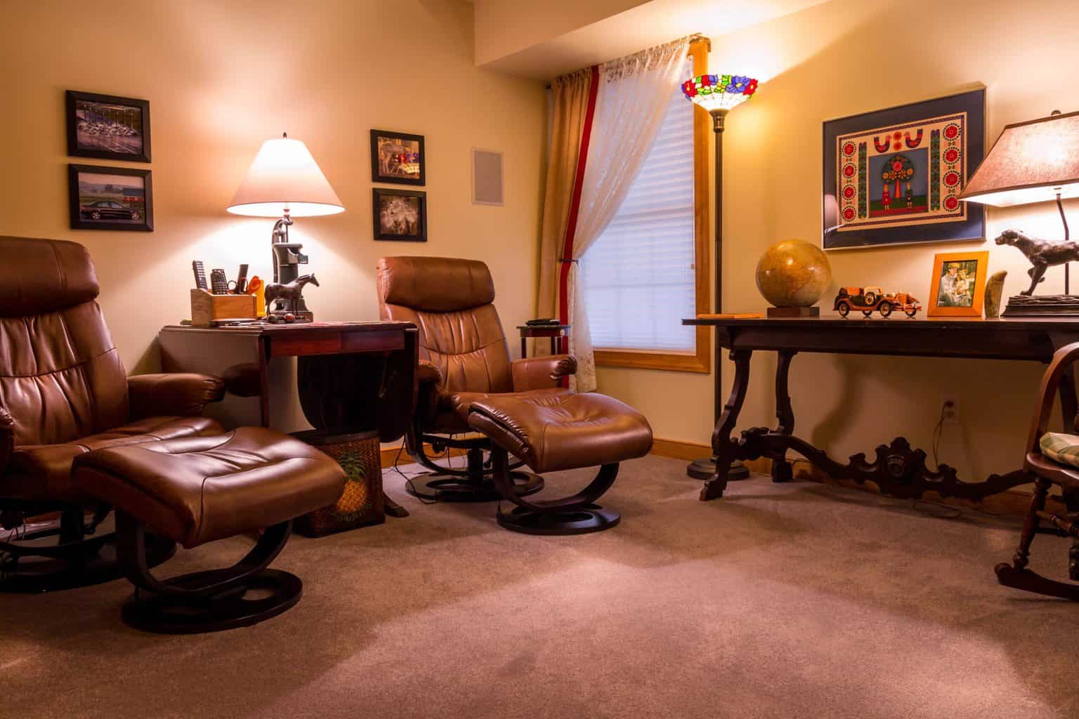 Two leather recliners in a bright room