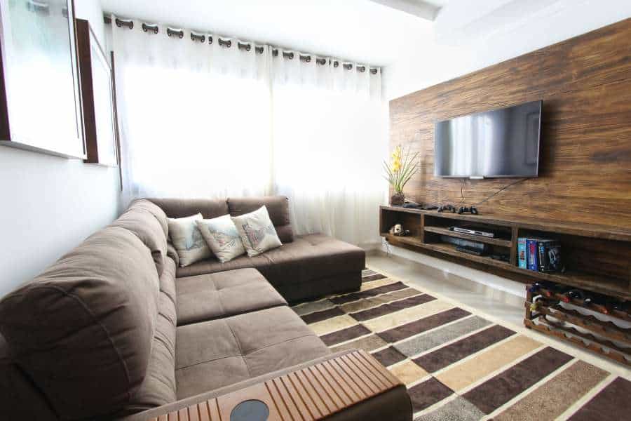 Brown fabric sectional in a TV room