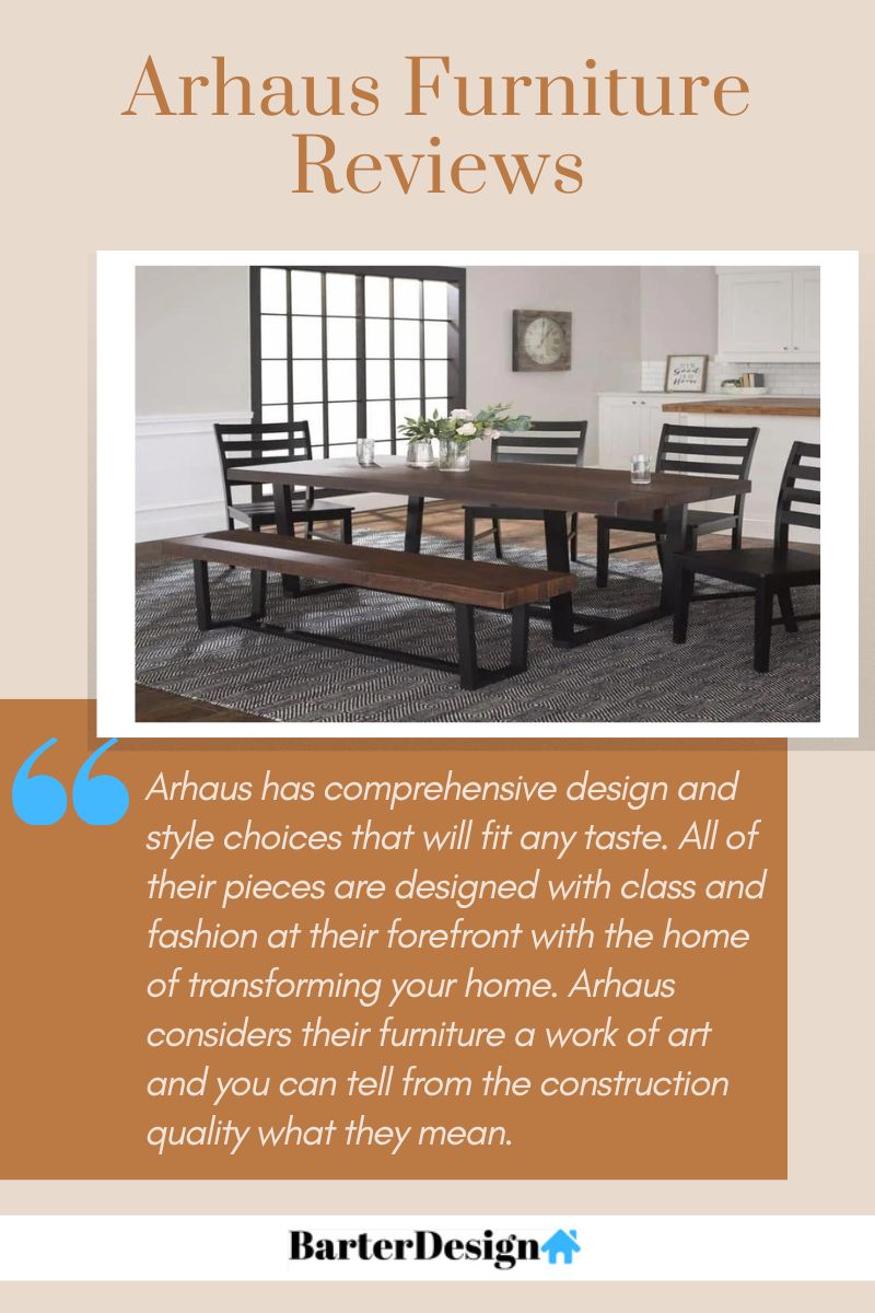 Arhaus Furniture summary review with a featured image of two glass vases with green plants in the middle of a wooden dining table set placed on a gray rug