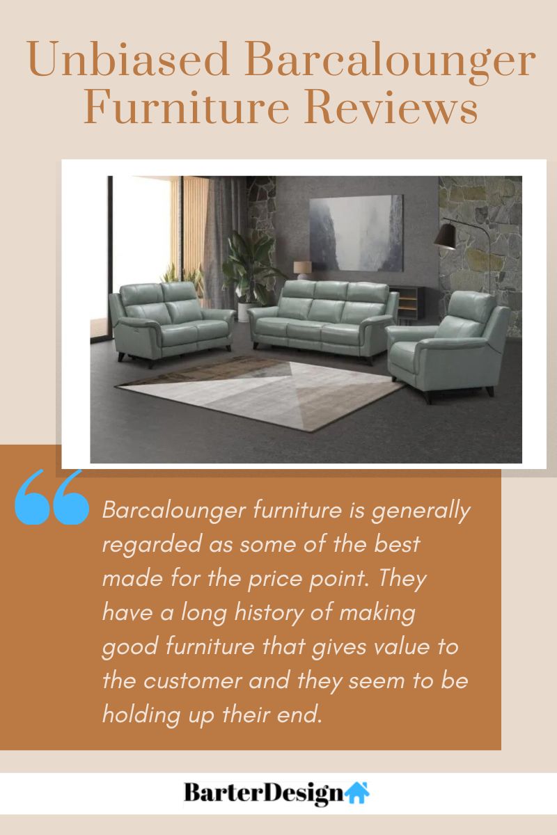 Barcalounger Furniture summary review with a featured image of a three piece light green leather sofa set with a tri-toned woven rug