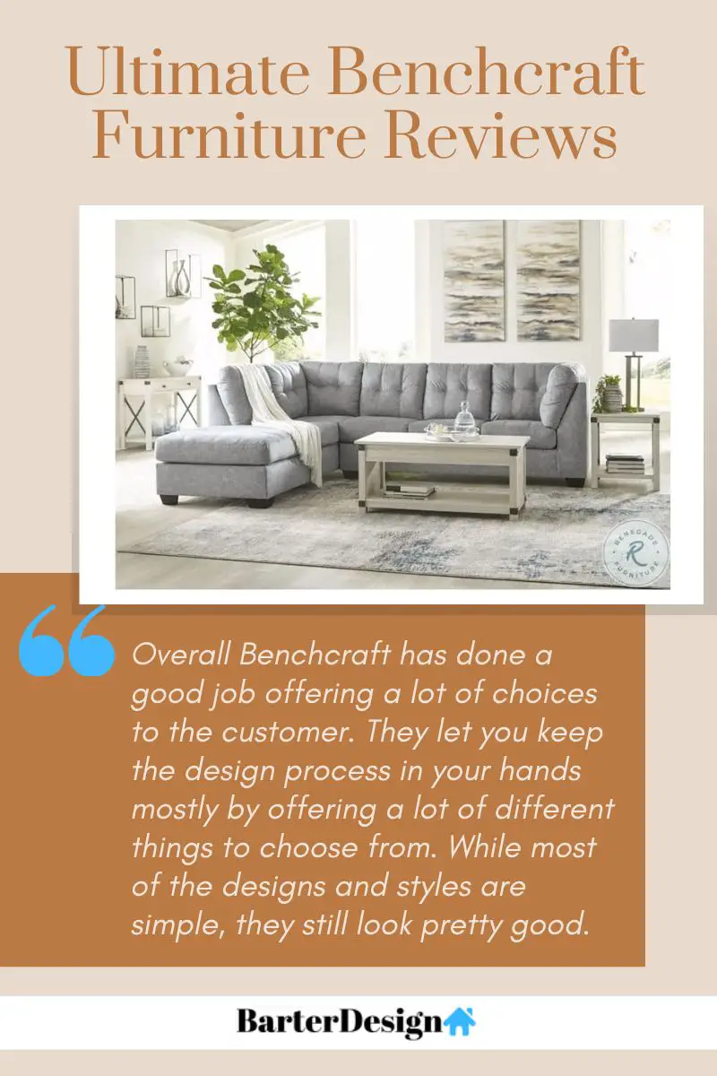 Benchcraft Furniture summary review with a featured image of a gray sectional sofa with a white fabric on the side and white painted center table on top of a woven rug