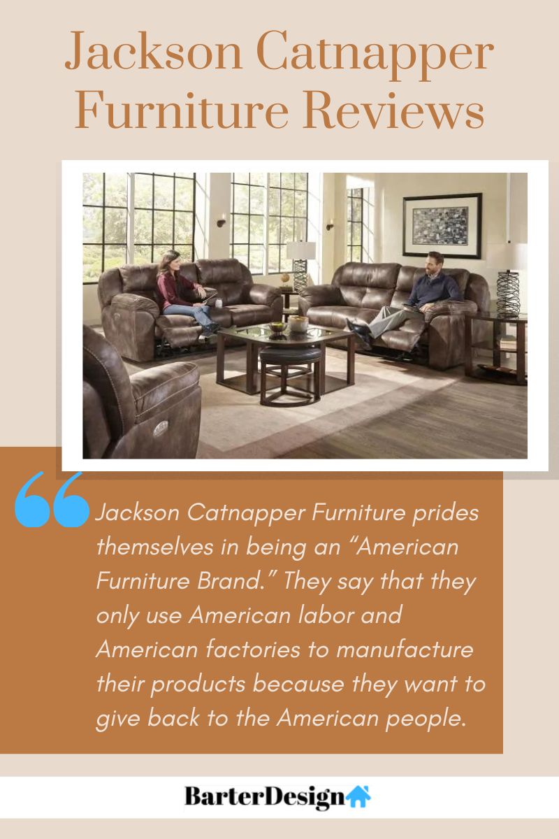 Jackson Catnapper Furniture summary review with a featured image of a couple sitting each on two brown leather reclining sofas with a glass table placed on a cream colored rug