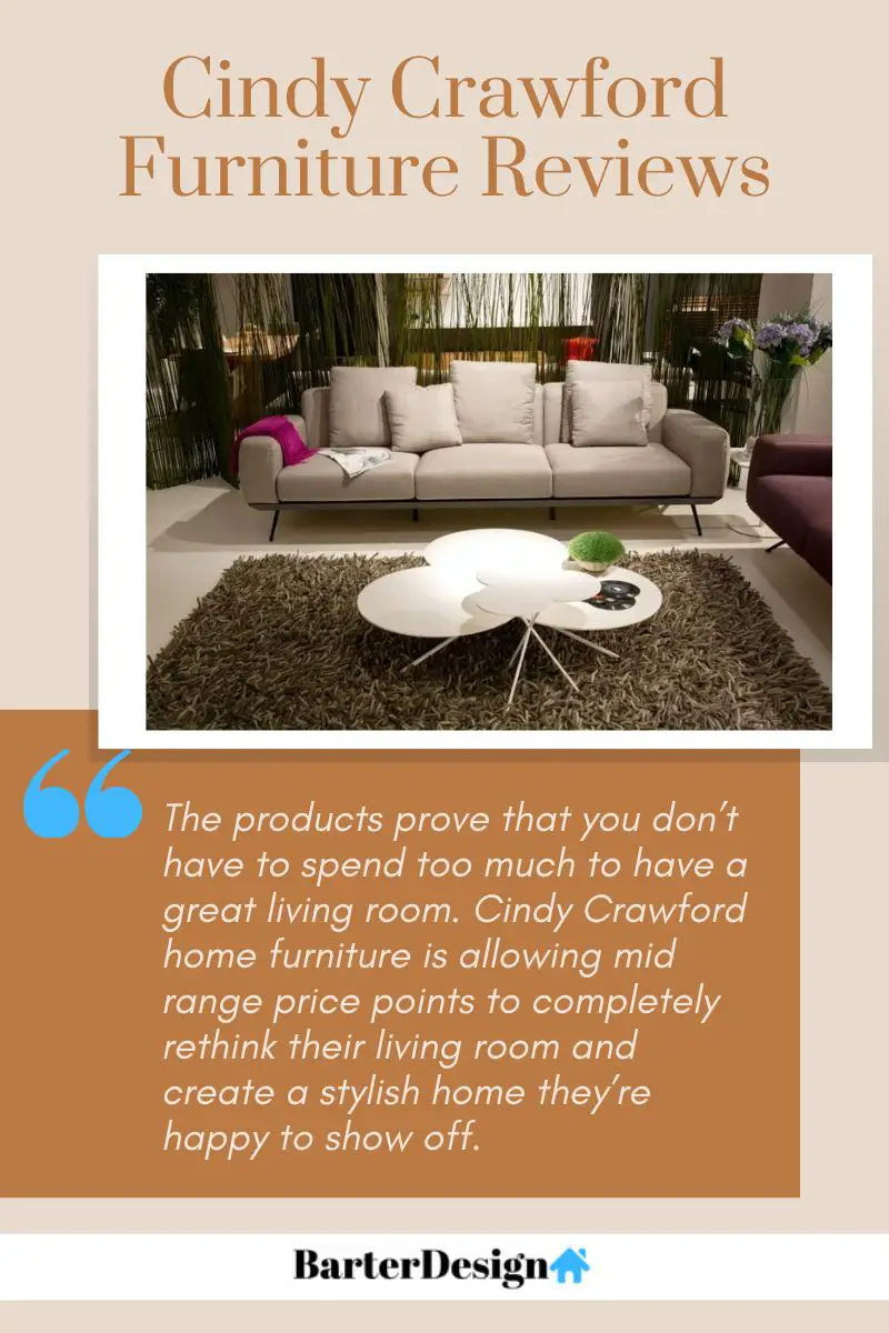 Cindy Crawford Furniture summary review with a featured image of a cream colored sofa with matching cream colored throw pillows with a white clover shaped center table on top of a gray shag rug