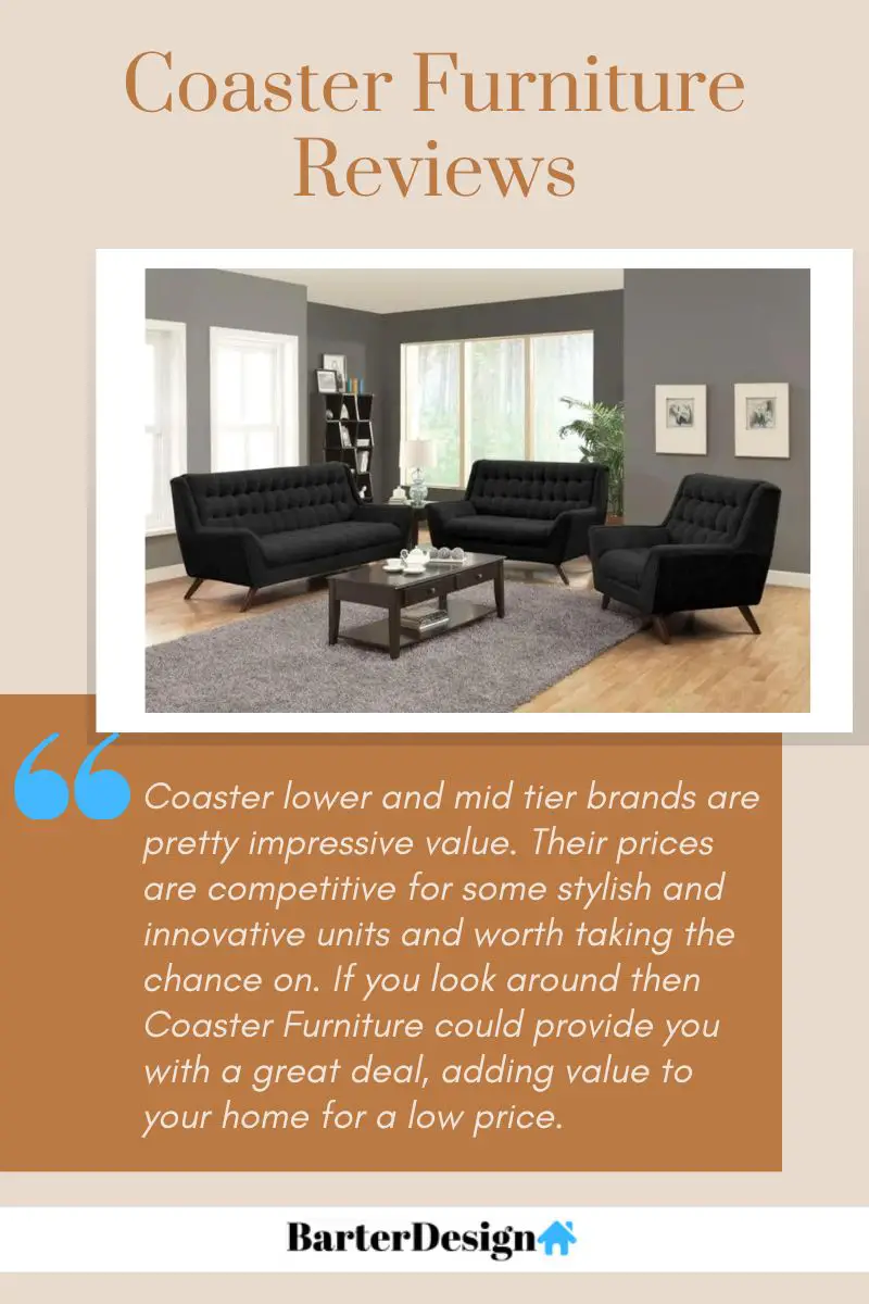 Coaster Furniture summary review with a featured image of two black medium sized sofa and one black arm chair with a wooden center table on top of a gray area rug