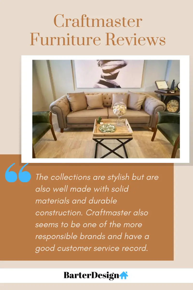 Craftmaster Furniture summary review with a featured image of a gray colored sofa with four matching throw pillows with two green arm chairs at the side and a wooden center table