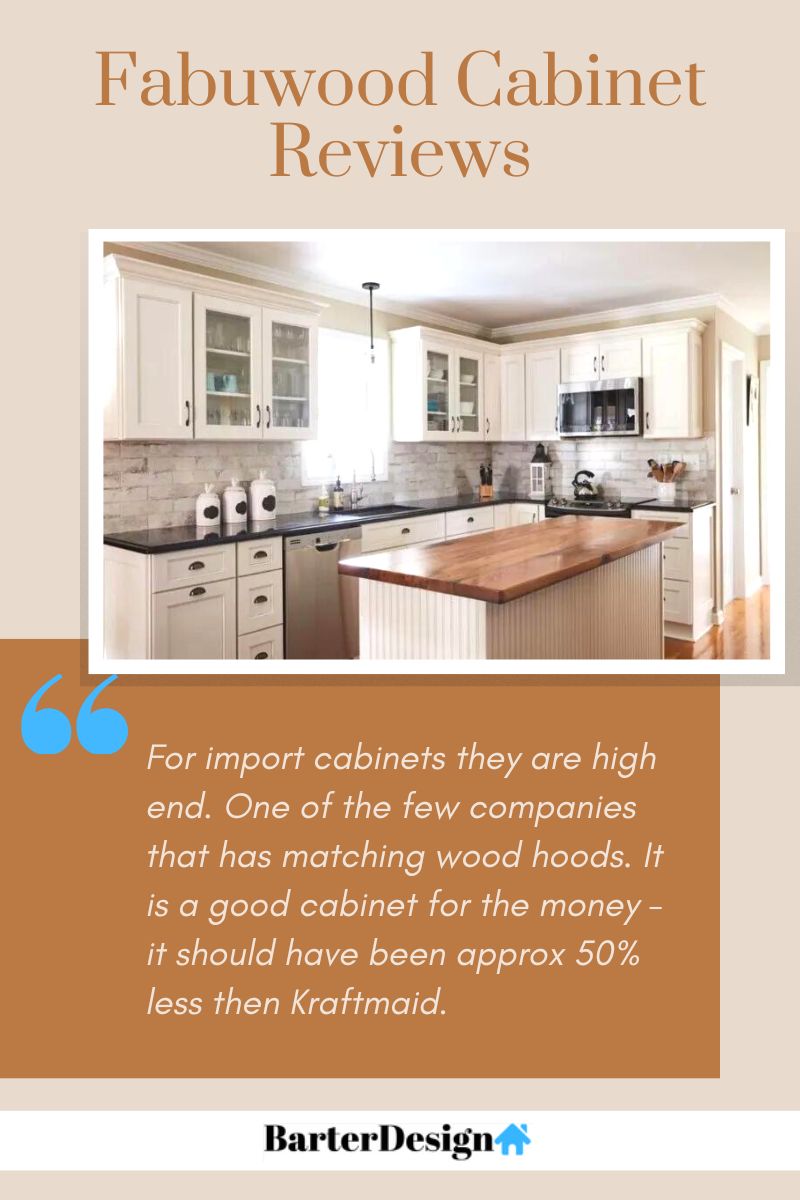 Fabuwood Cabinet summary review with a featured image of a kitchen area that has white cabinets and a wooden island in the center