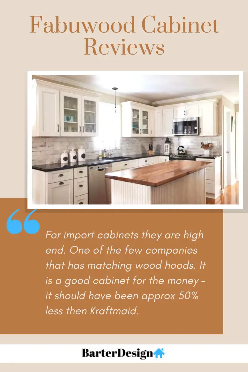 Fabuwood Cabinet summary review with a featured image of a kitchen area that has white cabinets and a wooden island in the center