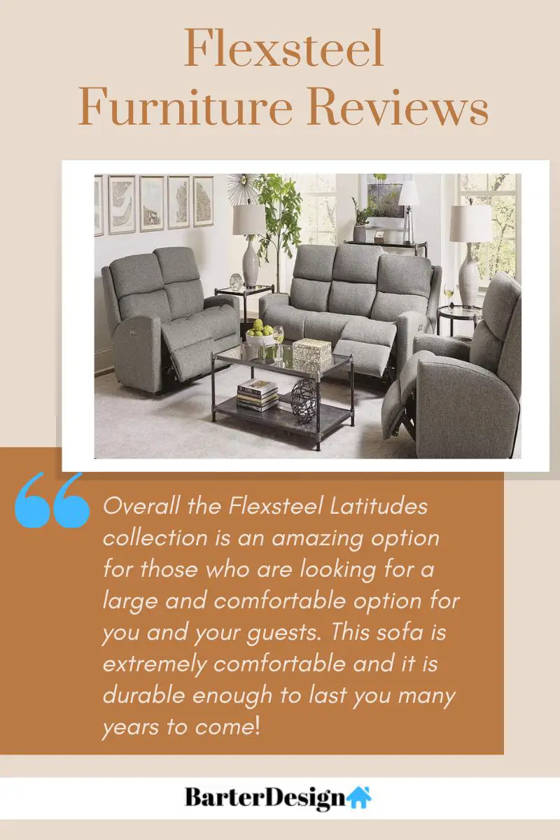 Flexsteel Furniture summary review with a featured image of a three piece gray fabric sofa recliner set with a glass center table placed on a cream colored rug
