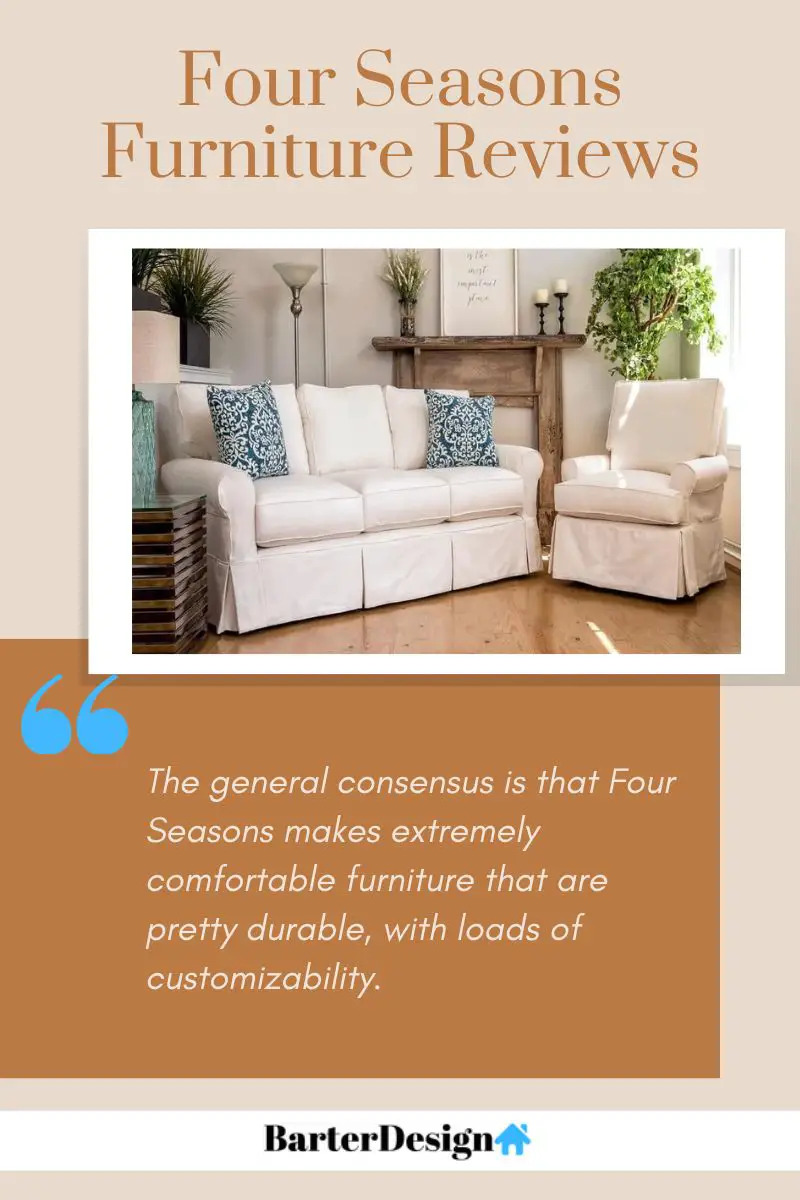 Four Seasons Furniture summary review with a featured image of a white sofa and a white arm chair with two blue patterned throw pillows