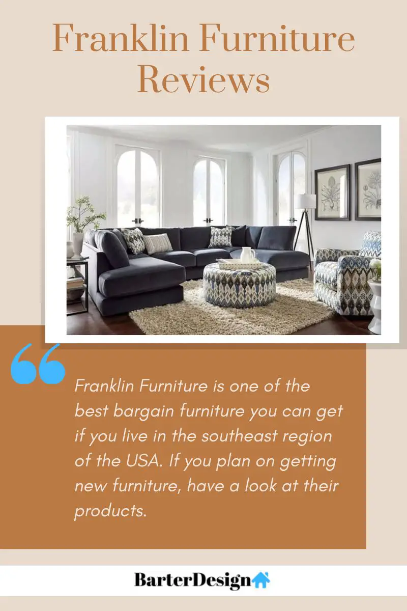 Franklin Furniture summary review with a featured image of a dark blue sectional sofa with a white and blue patterned arm chair and matching circular center table on top of a white shag rug