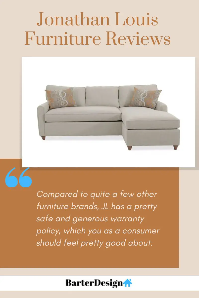 Jonathan Louis Furniture summary review with a featured image of a white sectional sofa with two orange and gray patterned throw pillows