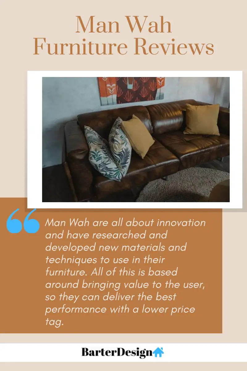 Mah Wah Furniture summary review with a featured image of a brown leather sofa with two blue and white flower patterned throw pillows and two brown throw pillows