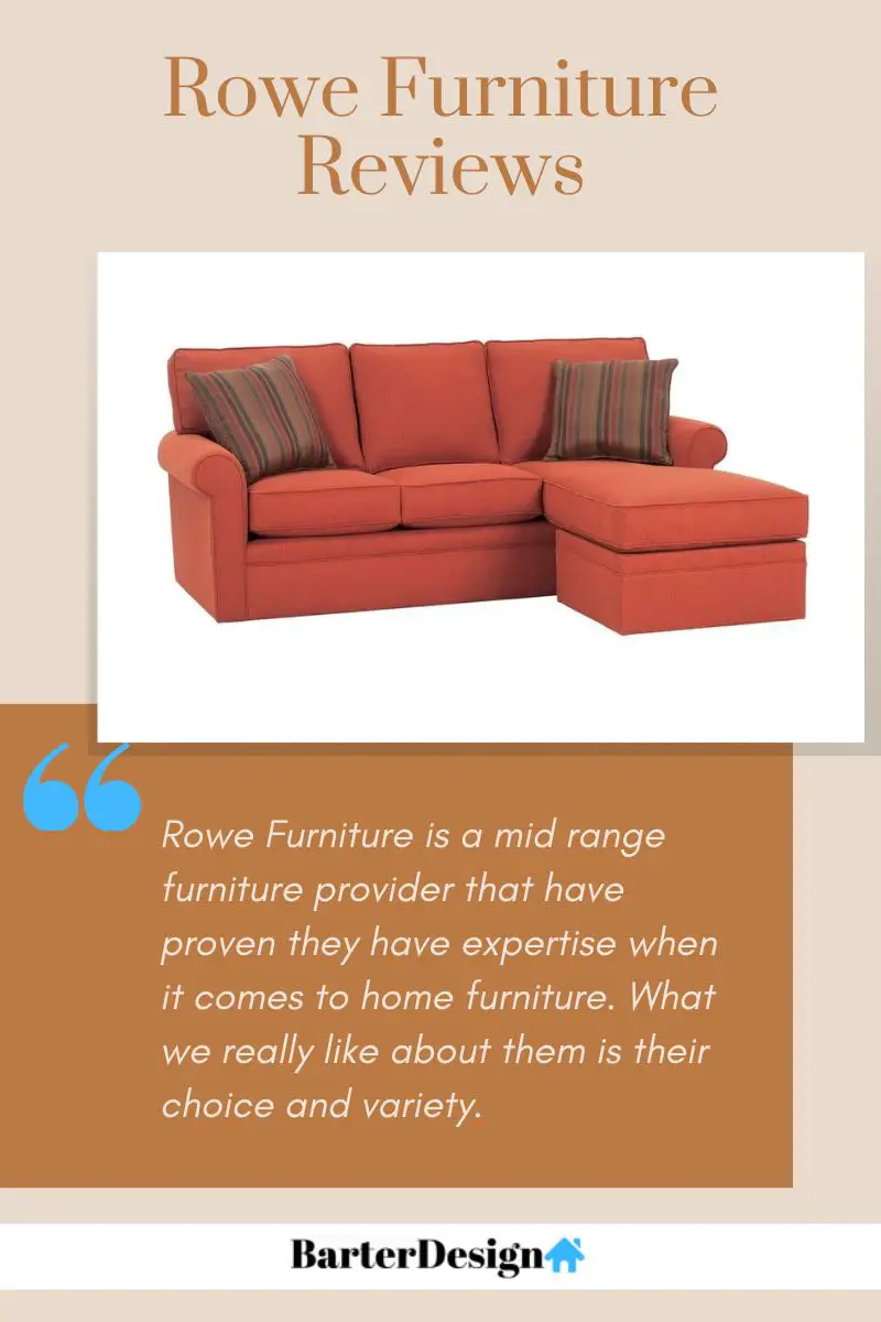 Rowe Furniture summary review with a featured image of an orange sectional sofa with two orange and red striped patterned throw pillows