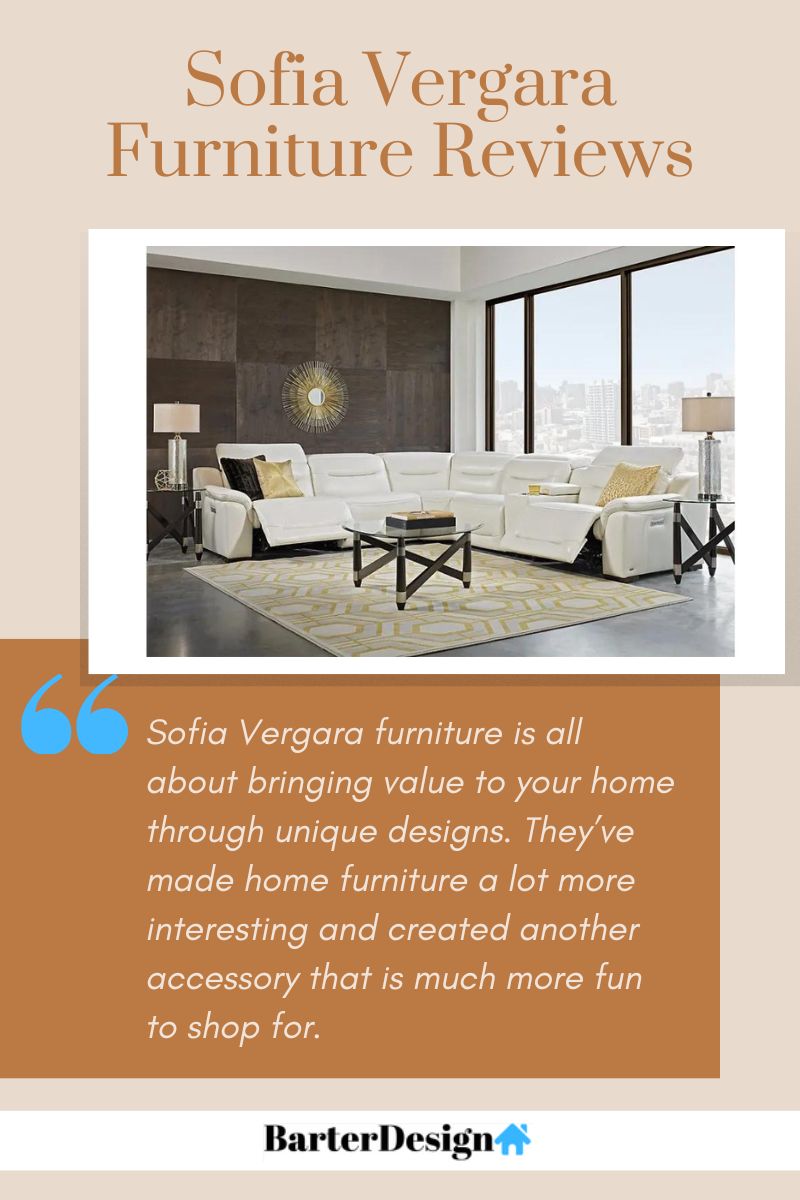 Sofia Vergara Furniture summary review with a featured image of a white leather sectional sofa with gold and black throw pillows and a yellow patterned rug and glass table at the center