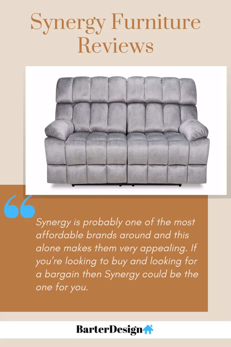 Synergy Furniture summary review with a featured image of a gray ribbed style medium sized sofa