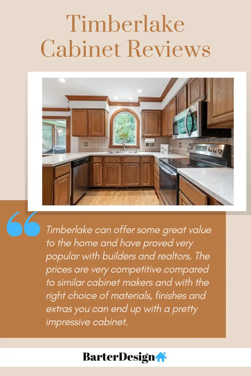 Timberlake Cabinet summary review with a featured image of a kitchen furnished with brown wooden cabinets and black slate and silver appliances