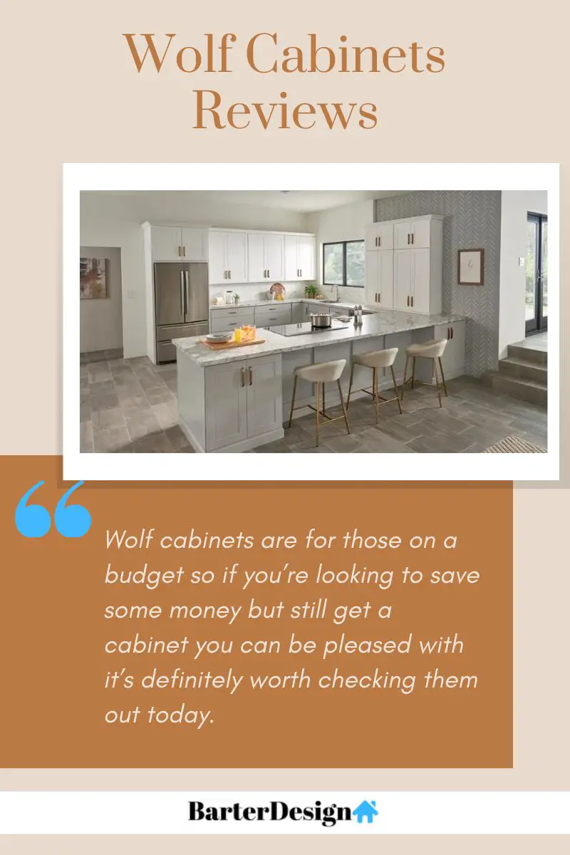 Wolf Cabinets summary review with a featured image of a kitchen with an all white wooden cabinet and granite countertop with three white chairs