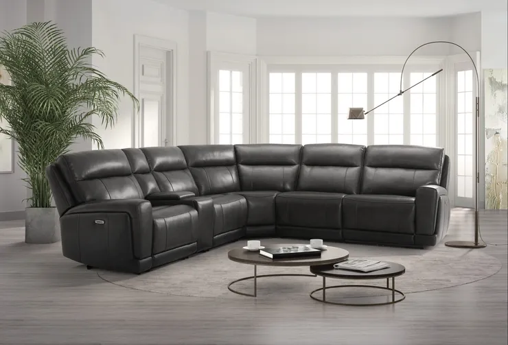 A black leather sofa from Gilman Creek Furniture