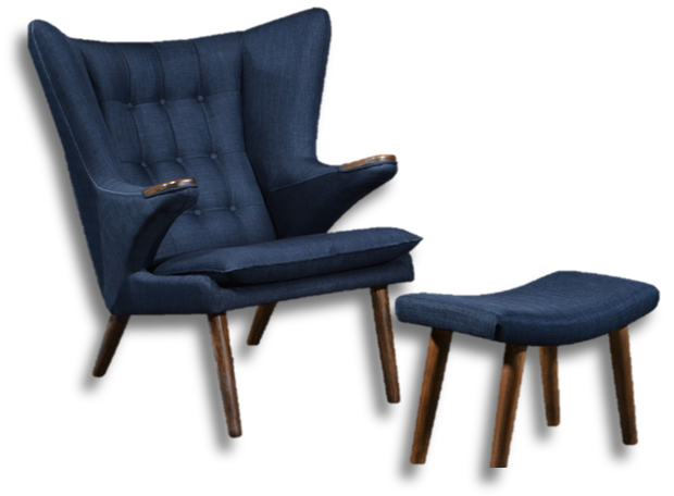 A blue armchair with blue footstool from Red Apple furniture