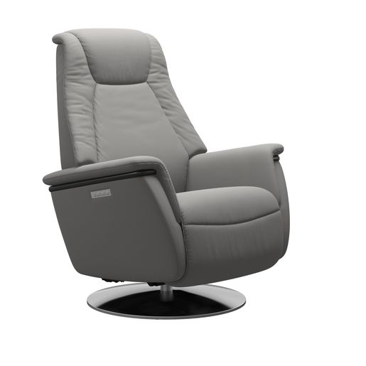 A gray Stressless recliner with silver stainless steel bottom