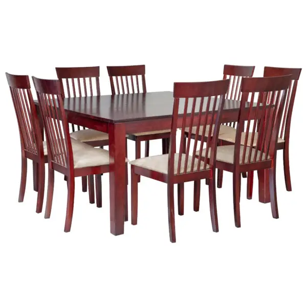 An eight seater mahogany dining set with white foam on each chair