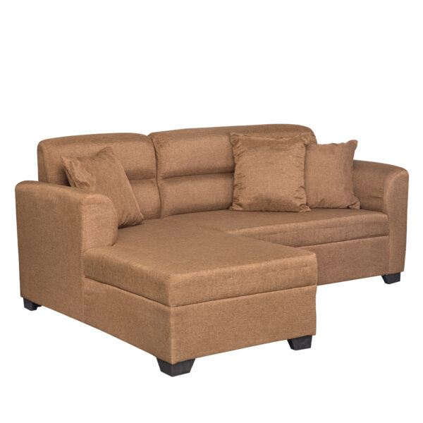 A brown L-shape sofa with three throw pillows from Sanyang furniture