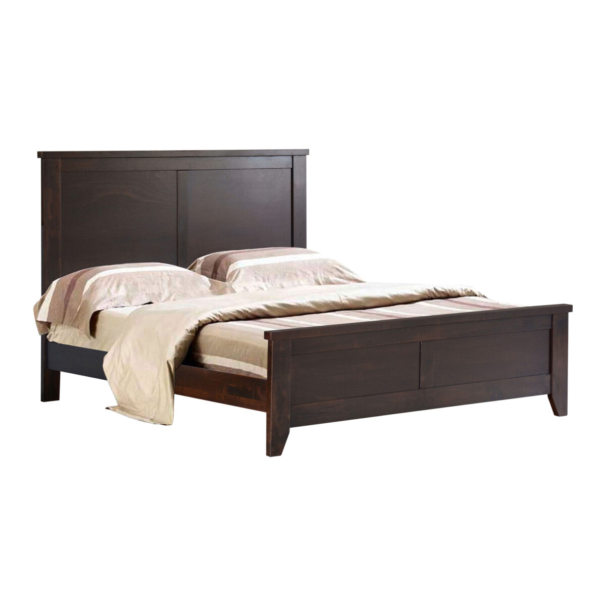 A queen size bed brown in color with foam and pillows