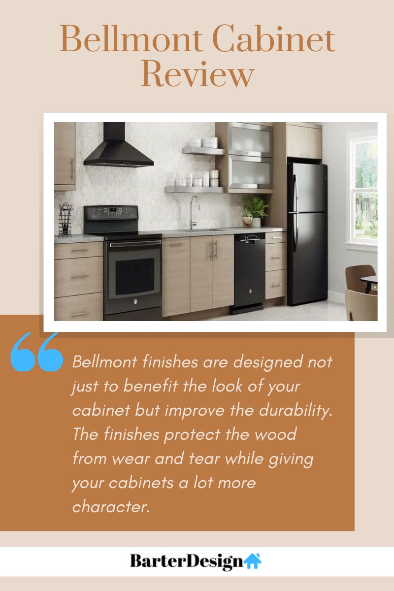 Bellmont Cabinet Furniture summary review with a featured image of a brown kitchen cabinets and black kitchen appliances refrigerator, an oven and a range hood