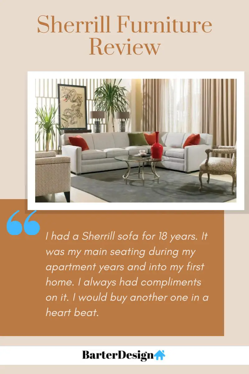 Sherrill Furniture summary review with a featured image of a white leather sectional sofa with green and red throw pillows and a grey rug and round glass table at the center