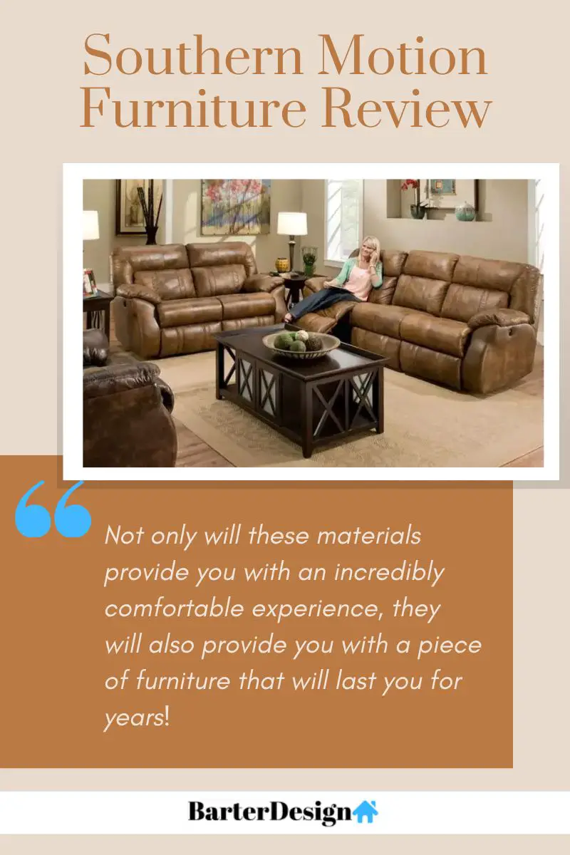 Southern Motion Furniture summary review with a featured image of a brown leather recliner sofa and a brown patterned carpet and a wooden table at the center